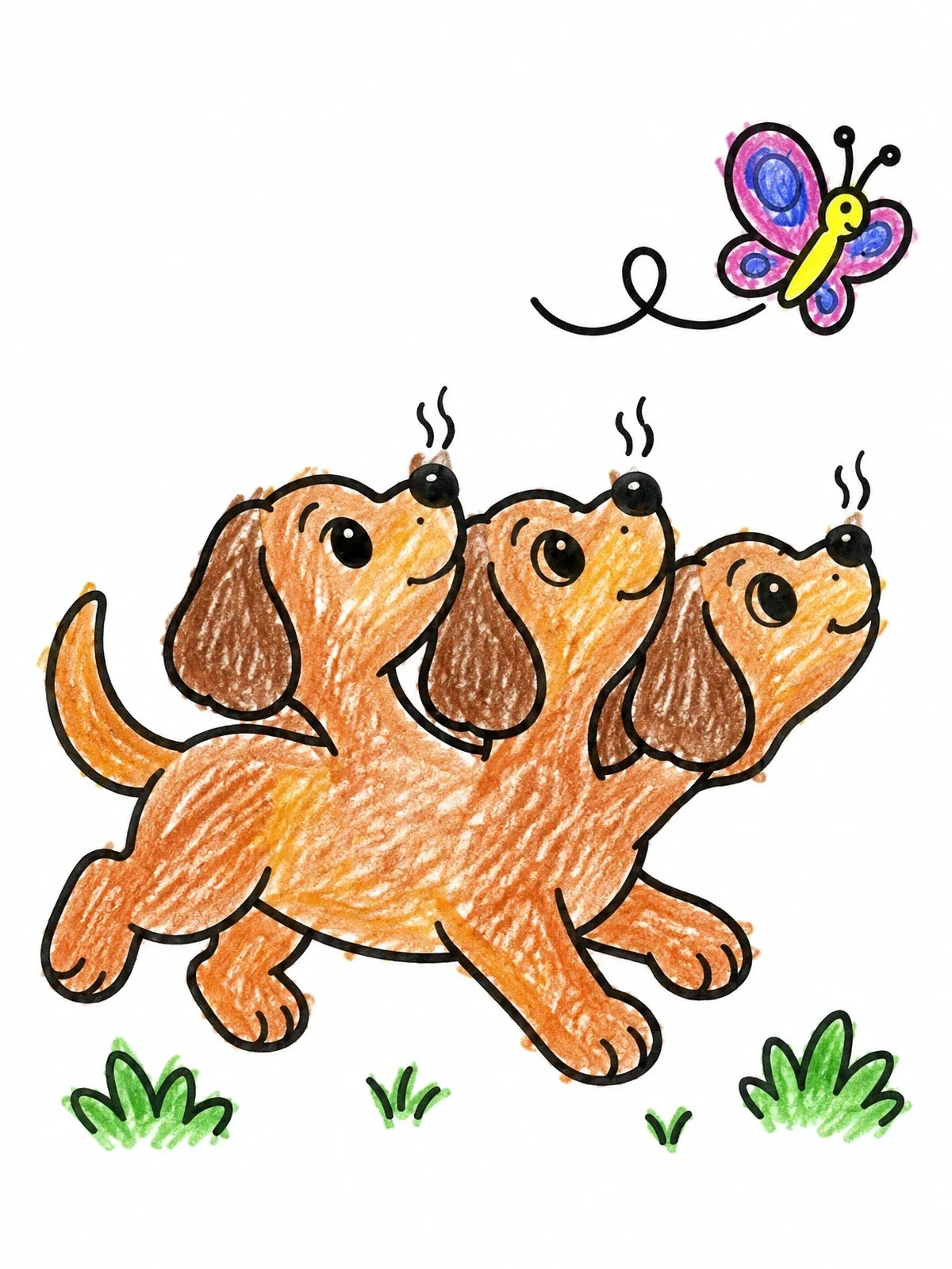 Colored example of the Playful Three Headed Puppy And Butterfly coloring page