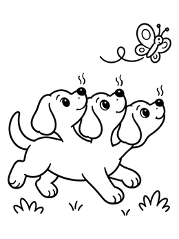 Free printable Playful Three Headed Puppy And Butterfly coloring page