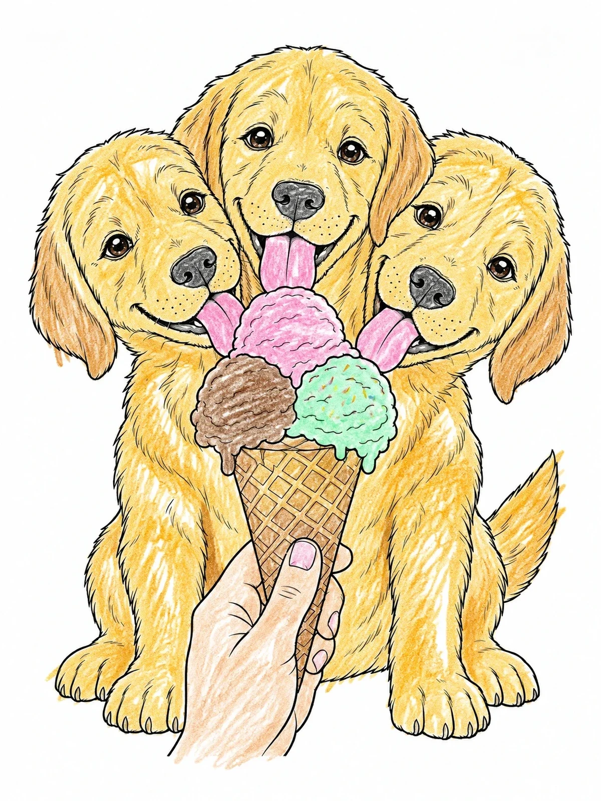 Colored example of the Three Headed Puppy With Ice Cream coloring page