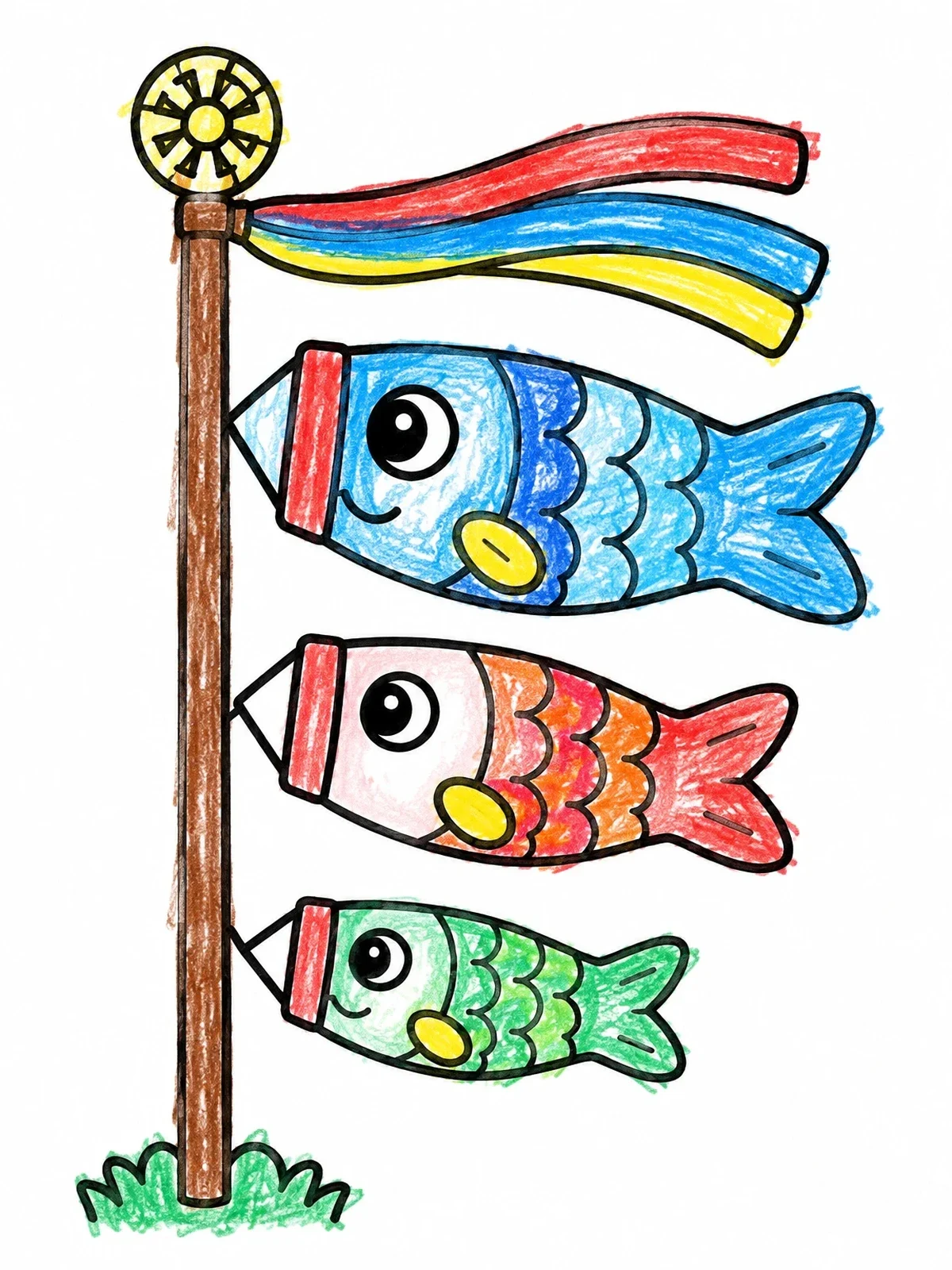 Colored example of the Three Cute Koinobori On Pole coloring page