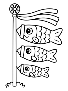 Free printable Three Cute Koinobori On Pole coloring page