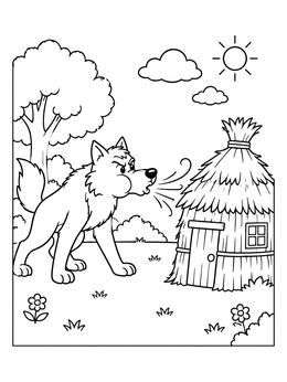 A big bad wolf huffing at the little straw hut in this three little pigs coloring page.
