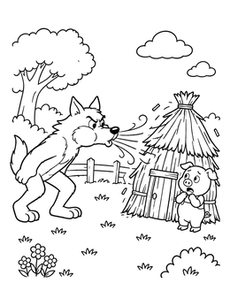 Free printable Big Bad Wolf Blowing Straw House coloring page