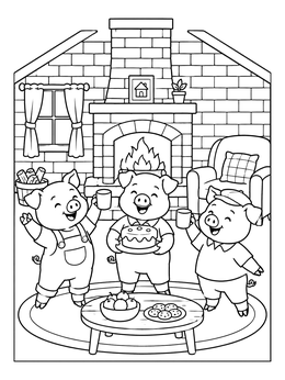 A cheerful three little pigs coloring page showing the brothers celebrating with cake inside their brick home.