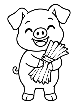 Free printable Happy Piglet Holding Straw Bundle coloring page