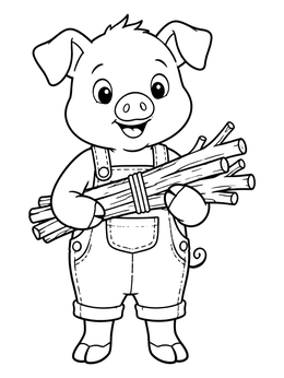 A three little pigs coloring page featuring a cute piglet in overalls holding a bundle of sticks.