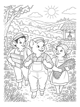Three little pigs coloring page with cute piglets walking along a sunny countryside trail.