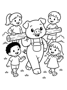 Free printable Pig Carrying A Wooden Log With Friends coloring page