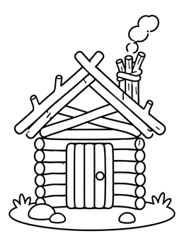 A stick house built from branches in this three little pigs coloring page.