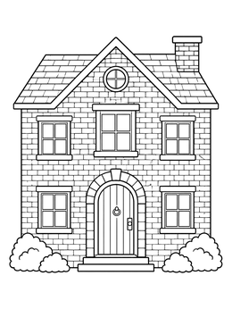 A sturdy brick house featured in this three little pigs coloring page with an arched front door.