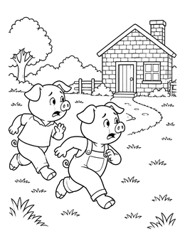 Two scared piglets rush to shelter in this three little pigs coloring page.