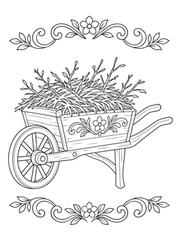 A rustic wheelbarrow filled with straw and twigs on this detailed three little pigs coloring page.