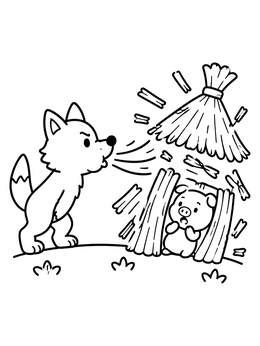 A three little pigs coloring page showing the wolf blowing down the straw house with a pig inside.