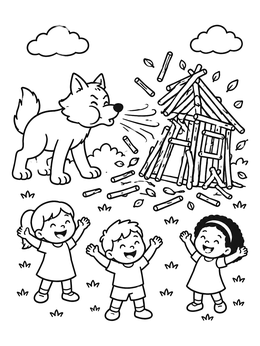 A big bad wolf blows down a stick house with cheering kids in this three little pigs coloring page.