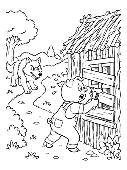 A frantic pig boards up his wooden house from a wolf in this three little pigs coloring page.