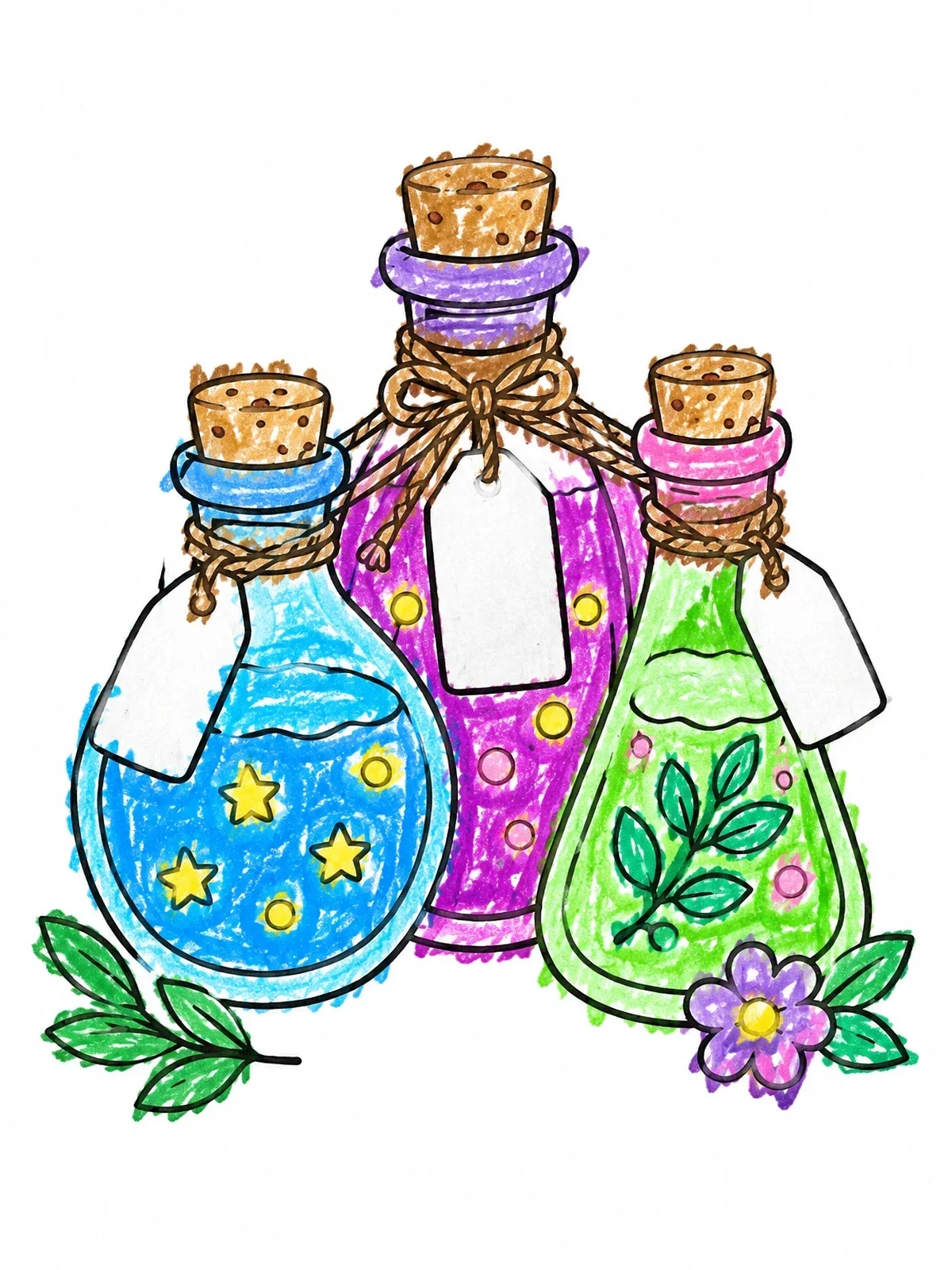 Colored example of the Three Magic Potion Bottles With Tags coloring page