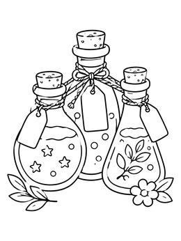 Free printable Three Magic Potion Bottles With Tags coloring page