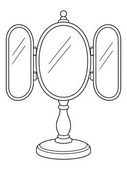 A three-panel vanity mirror coloring page standing on a round pedestal base.