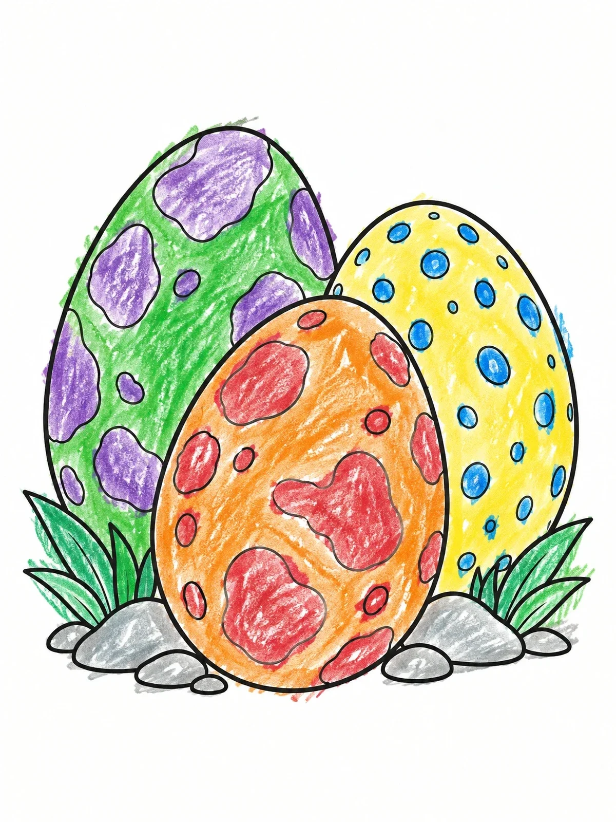 Colored example of the Three Patterned Dinosaur Eggs Nest coloring page