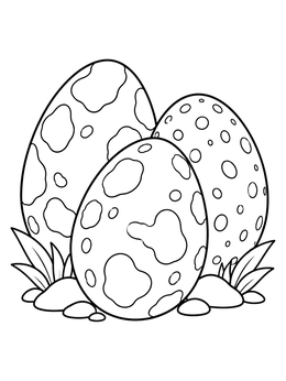 A simple dinosaur egg coloring page with three patterned eggs nestled among rocks and grass.
