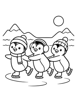 Free printable Three Little Penguins Skating Together coloring page