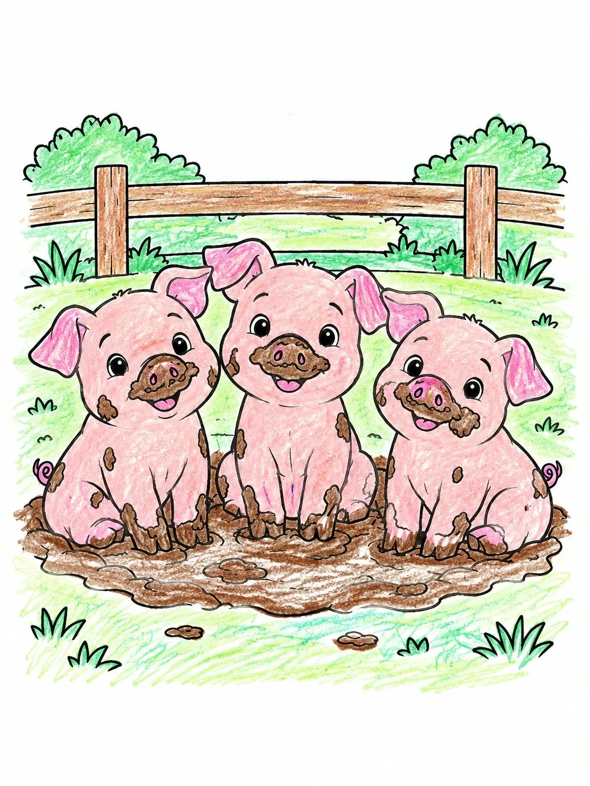 Colored example of the Three Playful Piglets In Mud coloring page