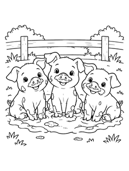 Three happy little piglets sitting together in a mud puddle in this pig coloring page.