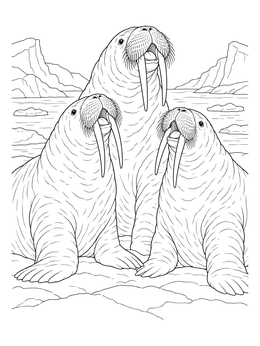 A detailed walrus coloring page featuring three walruses calling together against an icy Arctic backdrop.