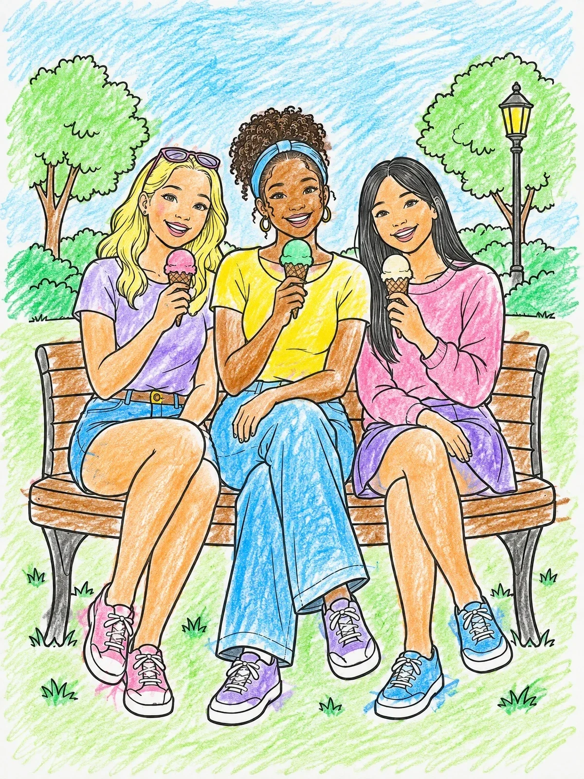 Colored example of the Three Sisters Eating Ice Cream In Park coloring page