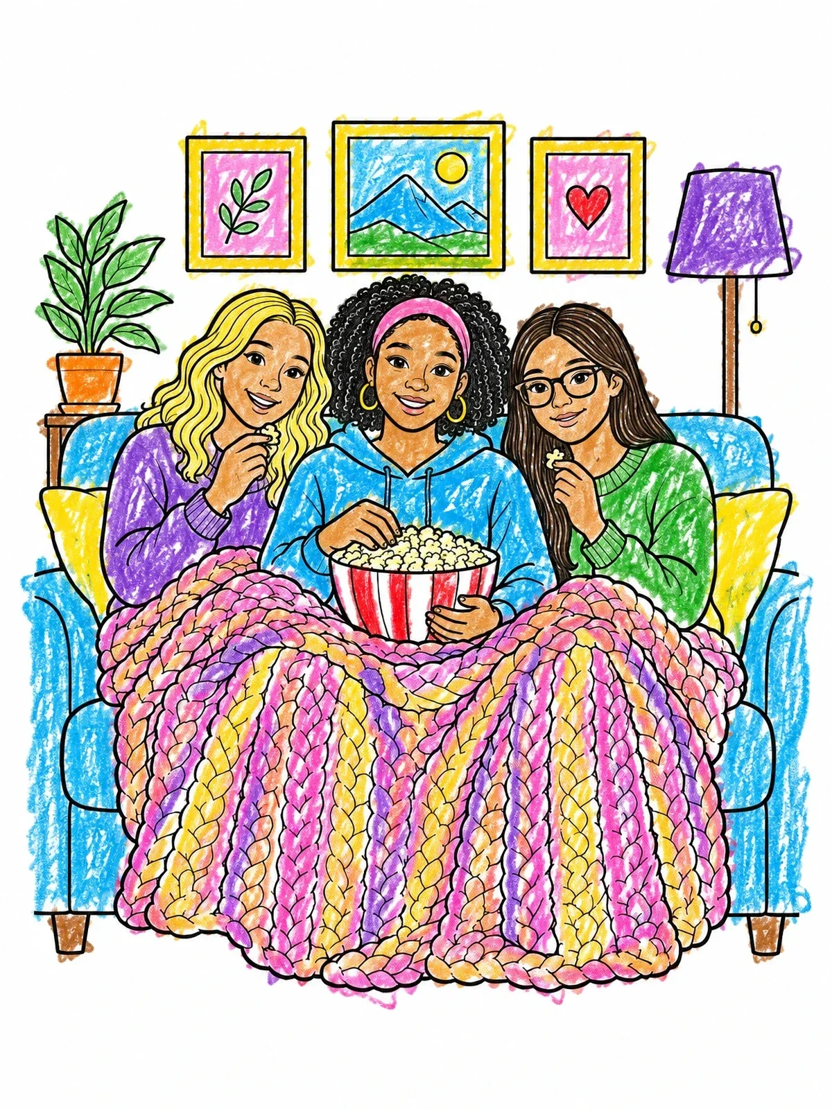 Colored example of the Movie Night With Three Sisters coloring page