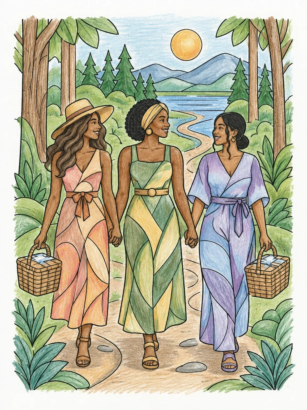 Colored example of the Three Sisters On A Scenic Nature Walk coloring page