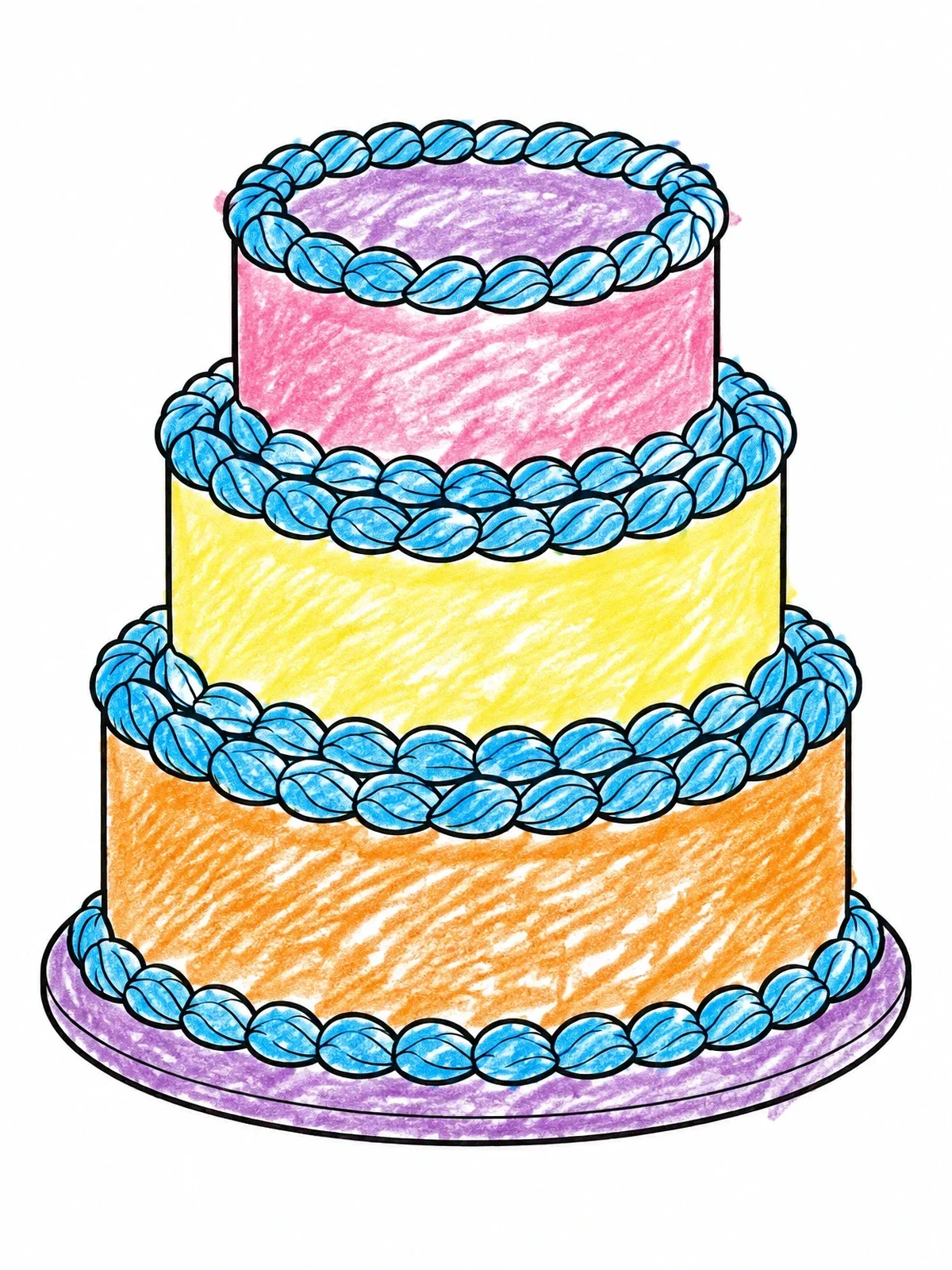 Colored example of the Three Tier Celebration Cake coloring page