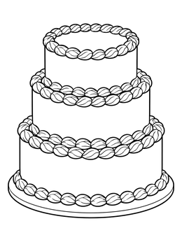 A three-tier cake coloring page decorated with braided icing borders.