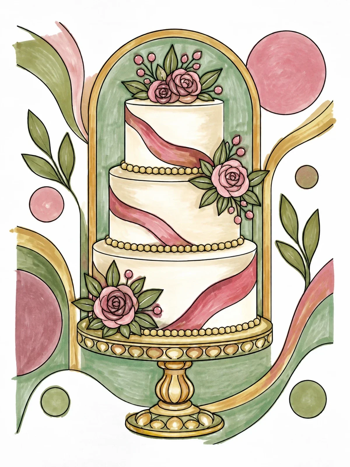 Colored example of the Three Tier Floral Wedding Cake coloring page