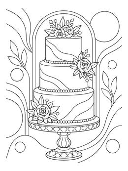 An ornate three-tier floral wedding cake coloring page on a decorative pedestal stand.