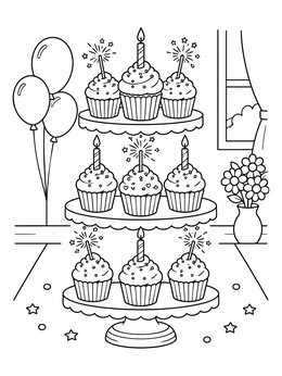 A festive cupcake coloring page showing a three-tiered stand with decorated cupcakes and candles.