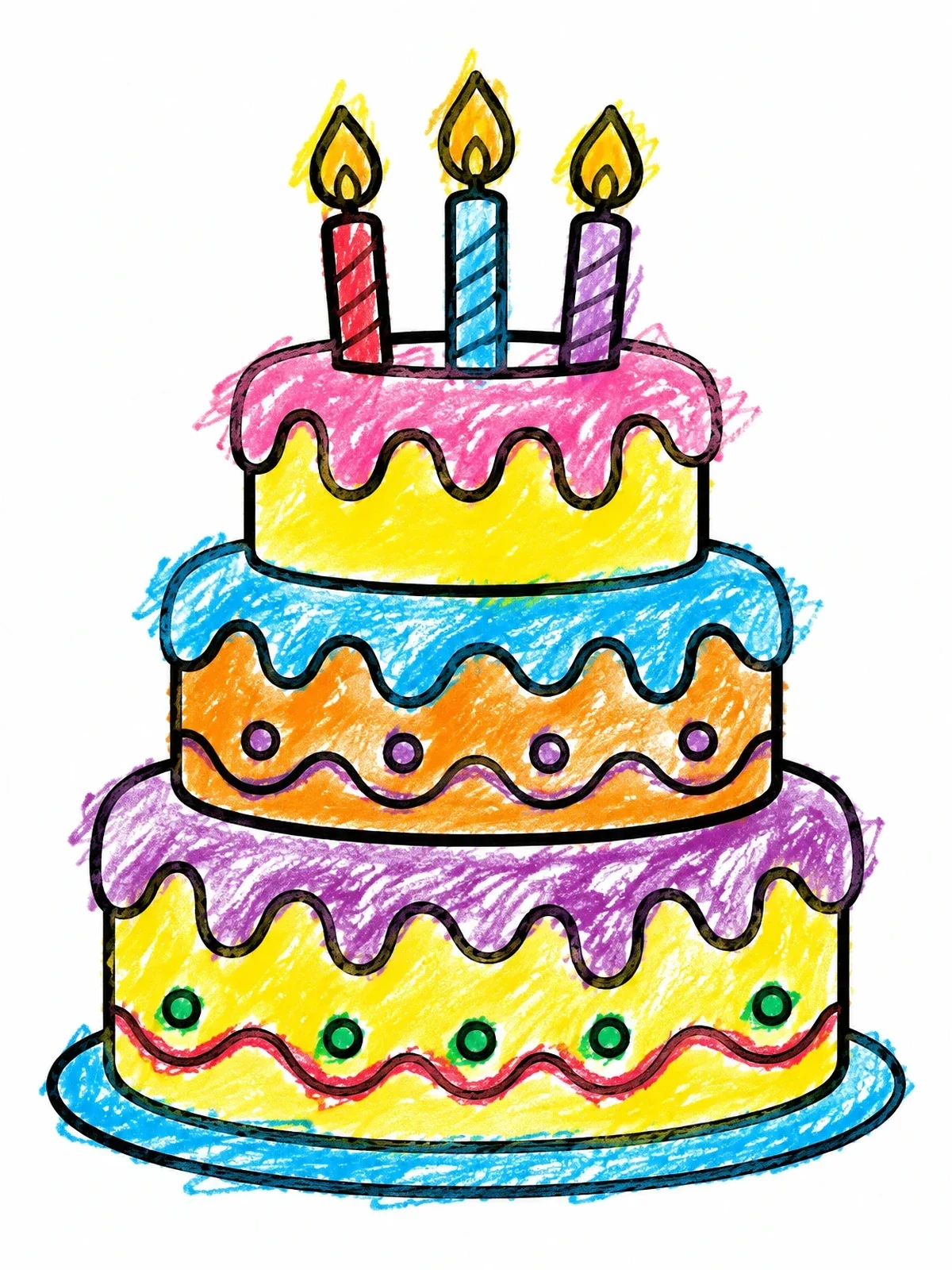 Colored example of the Three Tiered Birthday Cake With Candles coloring page
