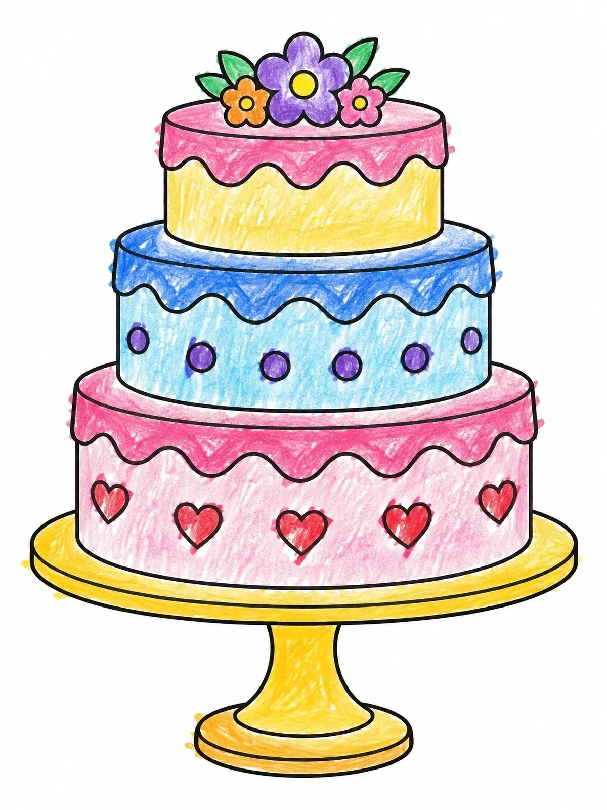 Colored example of the Three Tiered Celebration Cake On Stand coloring page