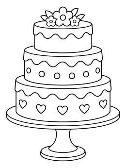 A decorated three-tiered cake coloring page resting gracefully on an elegant display stand.