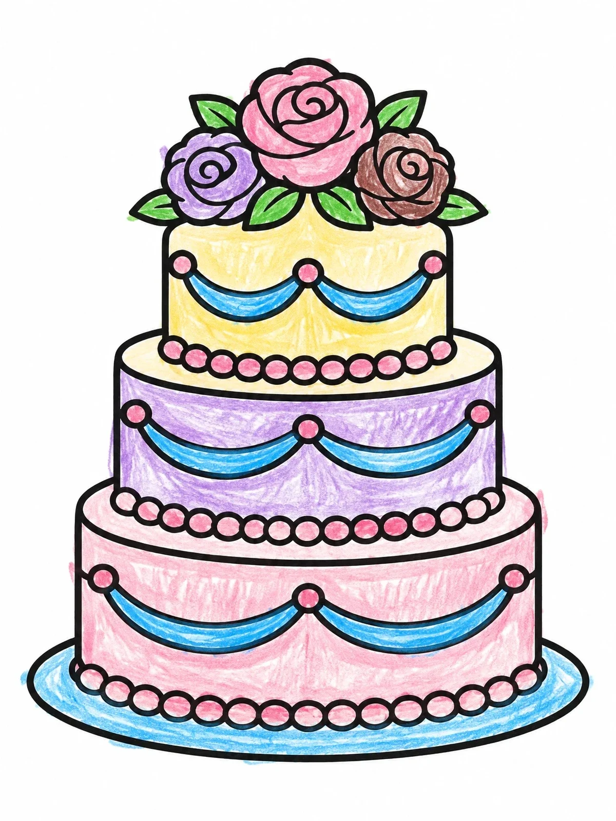 Colored example of the Three Tiered Floral Wedding Cake coloring page