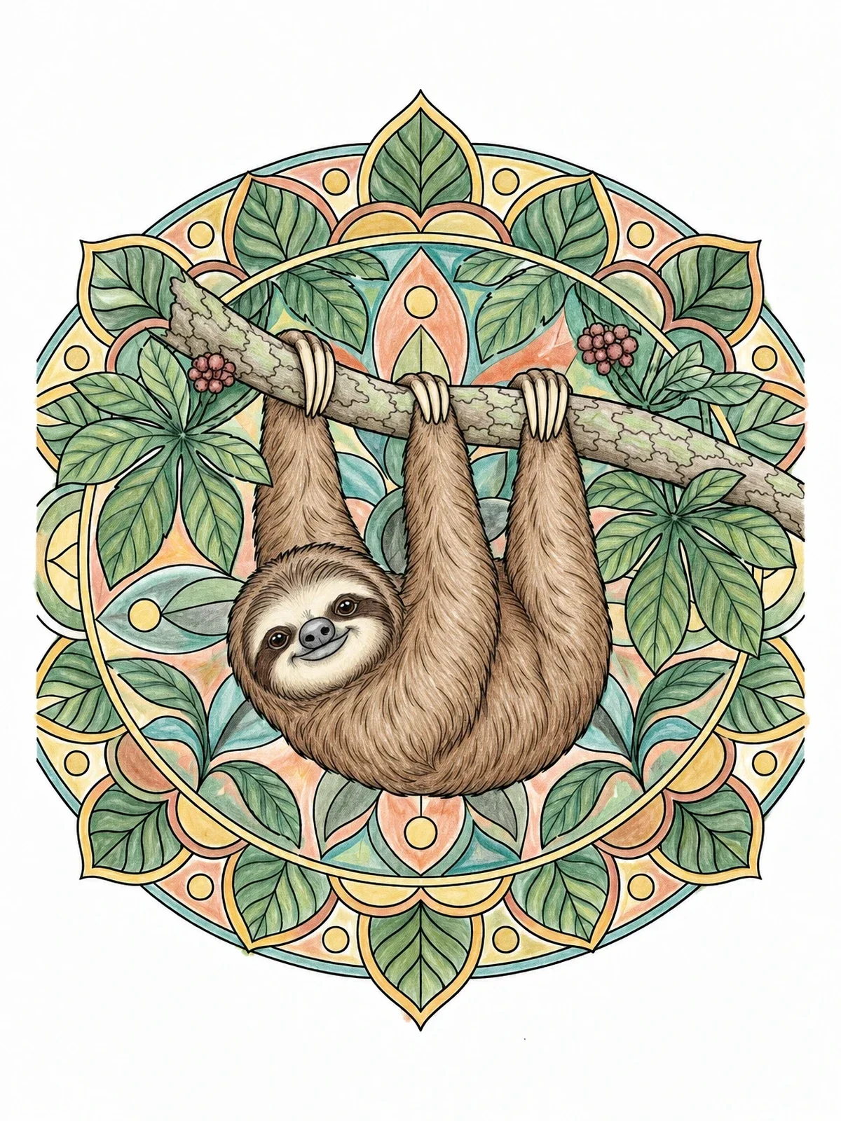 Colored example of the Three Toed Sloth Mandala coloring page
