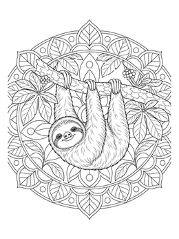 A peaceful sloth hangs from a branch in this tropical coloring page with a decorative mandala.