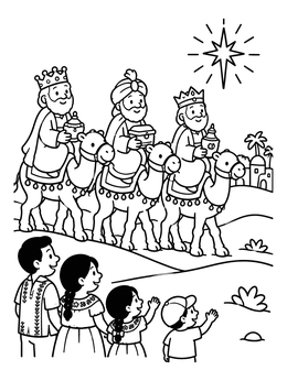 A mexican christmas coloring page showing three wise men on camels followed by a family.