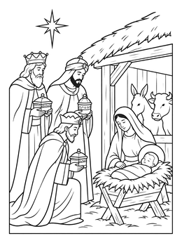 Detailed nativity coloring page with the three wise men offering gifts to baby Jesus and Mary.