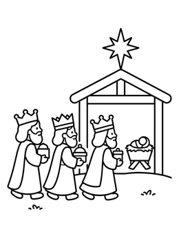 Free printable Three Wise Men Visiting Baby Jesus coloring page