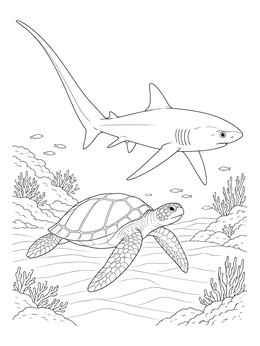 A detailed thresher shark coloring page showing the long-tailed shark swimming over a sea turtle and coral reefs.