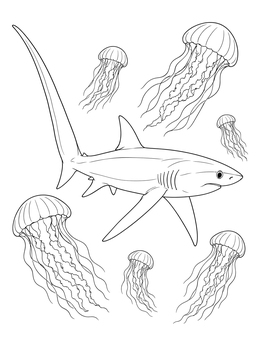 A detailed thresher shark coloring page featuring jellyfish drifting in the sea.