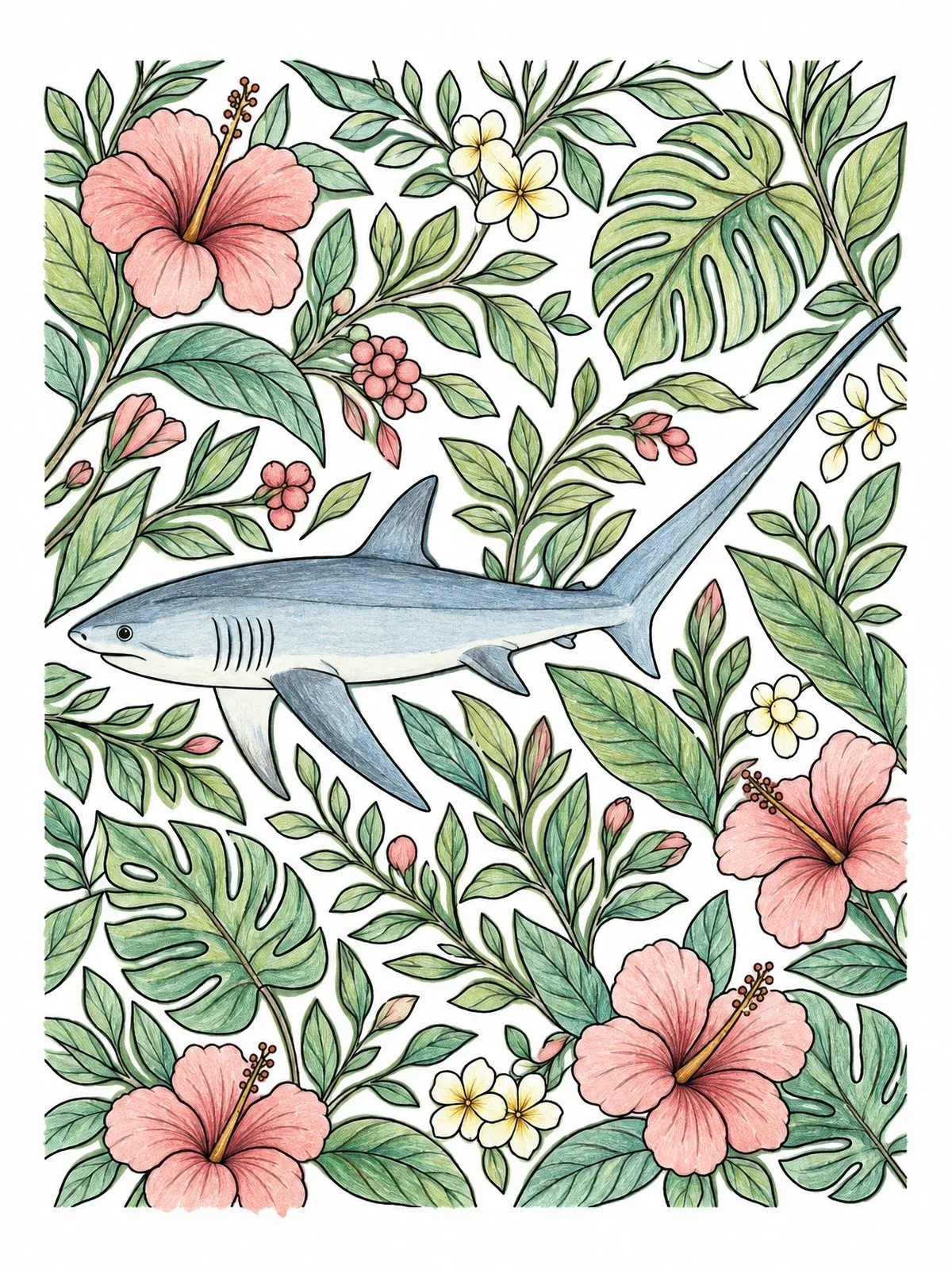 Colored example of the Thresher Shark Surrounded By Tropical Foliage coloring page