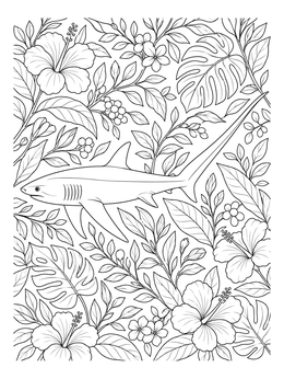 A detailed thresher shark coloring page framed by lush tropical flowers and leaves.