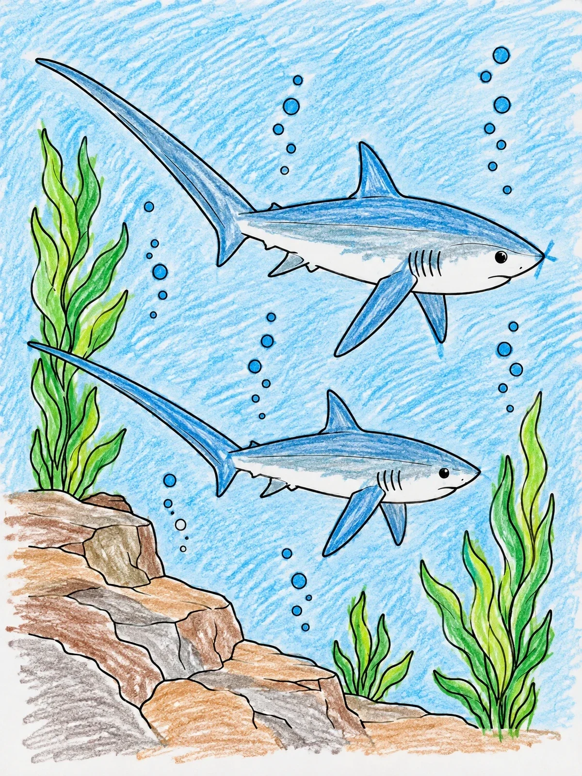 Colored example of the Two Thresher Sharks Swimming Underwater coloring page